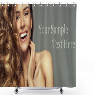 Personality  Happy Blonde Woman With Copy Space For Your Text Isolated On Gre Shower Curtains
