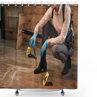 Personality  Cropped View Of Female Detective Collecting Evidence At Crime Scene Shower Curtains