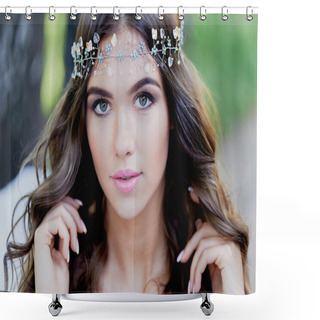 Personality  The Brunette Is Lying In A Dress, Touches Her Lips . The View From The Top Shower Curtains
