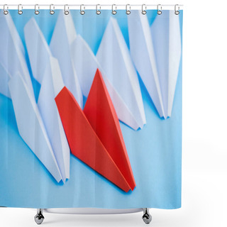Personality  White And Red Paper Planes On Blue Background, Leadership Concept  Shower Curtains