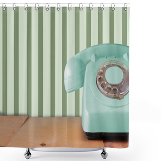 Personality  Retro Pastel Mint Telephone On Wooden Table And Abstract Retro Geometric Pastel Pattern Background. Retro Filtered Image Shower Curtains