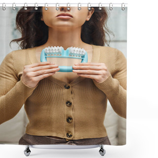 Personality  Cropped View Of Young Woman In Casual Brown Jumper Holding Handled Massager For Self-massage At Home At Background, Enhancing Self-awareness And Body Relaxation Concept, Balancing Energy Shower Curtains
