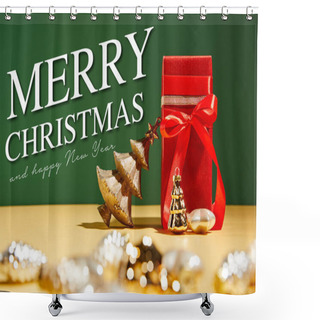 Personality  Selective Focus Of Red Gift Box And Decorative Christmas Tree With Golden Baubles On Green Background With Merry Christmas And Happy New Year Illustration Shower Curtains