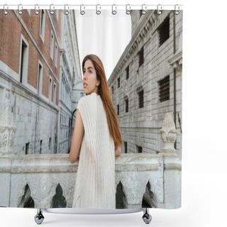Personality  Redhead Woman In Sleeveless Jumper Standing On Bridge Near Medieval Prison In Venice Shower Curtains