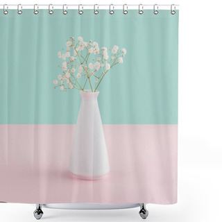 Personality  White Vase With Tender Flowers On Pink And Blue Pastel Background Shower Curtains