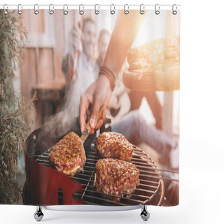 Personality  Cropped Shot Of Man Making Barbecue On Porch With Back Light And Blurred Friends On Background Shower Curtains