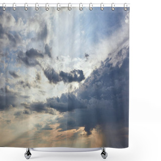 Personality  Dark Clouds And Sun Rays On Blue Sky Background Shower Curtains