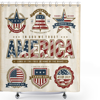 Personality  Vintage USA Patriotic Holidays Labels Set. Editable EPS10 Vector Illustration In Retro Woodcut Style With Transparency. Shower Curtains