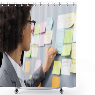 Personality  African American Businesswoman Standing Near Flipchart With Sticky Notes On Blurred Background  Shower Curtains