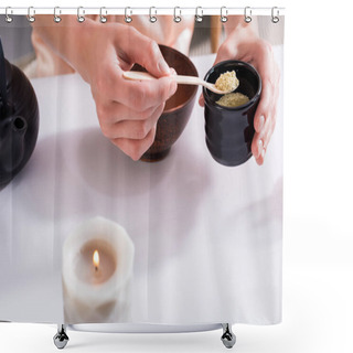 Personality  Cropped Shot Of Woman Making Tea While Having Tea Ceremony In Morning At Home Shower Curtains