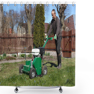 Personality  Man Working With Lawn Aerator Shower Curtains