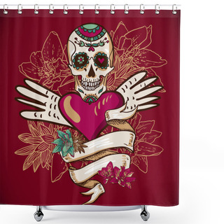 Personality  Skull, Hearts And Flowers Vector Illustration Shower Curtains