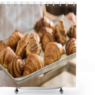 Personality  Cropped Shot Of Baker Holding Tray With Fresh Croissants On Baking Manufacture Shower Curtains