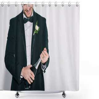 Personality  Cropped View Of Smiling Bridegroom Opening Bottle Of Champagne On White Background Shower Curtains