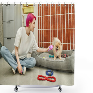 Personality  Purple-haired Pet Sitter Holding Toy Near Pomeranian Spitz Sitting On Soft Dog Bed, Play And Care Shower Curtains