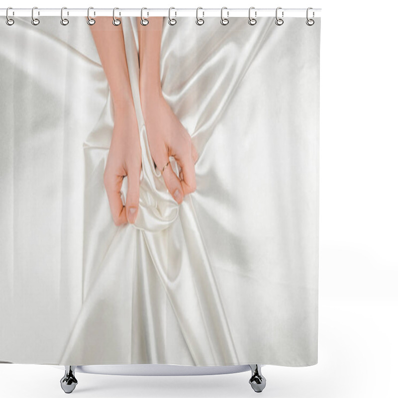 Personality  Cropped View Of Female Hands Tightly Holding Shiny Satin Cloth Shower Curtains