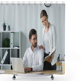 Personality  Young Beautiful Secretary Showing Notes To Boss At Office Shower Curtains