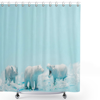 Personality  White Toys Of Hippopotamus, Rhinoceros And Bear With Plastic Garbage On Blue Background, Animal Welfare Concept Shower Curtains