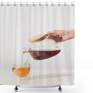 Personality  Cropped Shot Of Person Pouring Tea From Teapot In Cup On Grey Shower Curtains