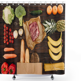 Personality  Top View Of Raw Meat With Vegetables, Fruits And Bread On Wooden Table, Grocery Concept  Shower Curtains