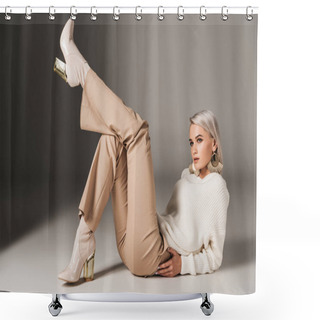 Personality  Attractive Elegant Woman Posing In Autumn Outfit And Heels, On Grey Shower Curtains