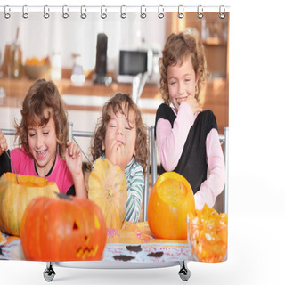 Personality  Giggling Girls Carving Pumpkins Shower Curtains