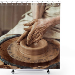 Personality  Close Up Of Female Hands Working On Potters Wheel Shower Curtains