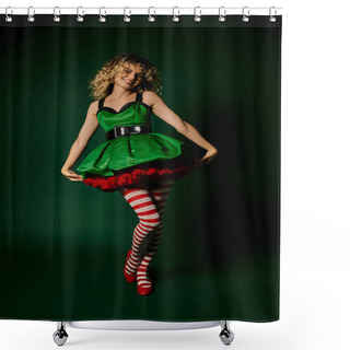 Personality  Jolly Woman In New Year Elf Costume Touching Hem Of Her Green Dress Posing On Dark Green Backdrop Shower Curtains