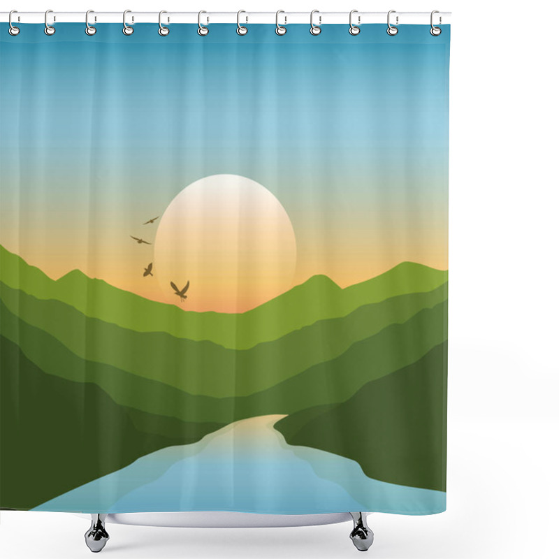 Personality  Peaceful River In The Mountains Green Summer Landscape At Sunset Shower Curtains