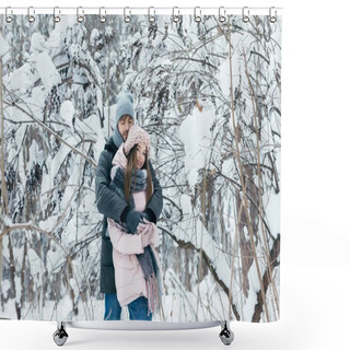Personality  Young Man Hugging Girlfriend In Winter Forest Shower Curtains