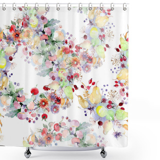 Personality  Bouquet With Flowers And Fruits. Wild Spring Leaf Wildflower Isolated. Watercolor Illustration Set. Watercolour Drawing Fashion Aquarelle. Seamless Background Pattern. Fabric Wallpaper Print Texture. Shower Curtains