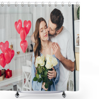 Personality  Happy Girl Holding Roses Bouquet With Closed Eyes While Boyfriend Kissing Cheek And Embracing Girlfriend Shower Curtains