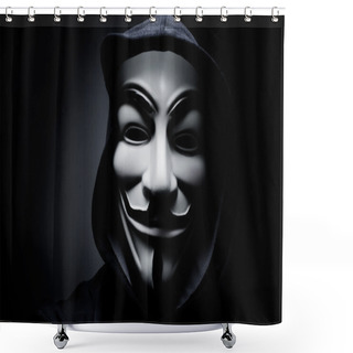 Personality  Photo Of Man Wearing Vendetta Mask. This Mask Is A Well-known Symbol For The Online Hacktivist Group Anonymous. Also Used By Protesters. Shower Curtains