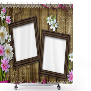 Personality  Two Wooden Photo Frames Over Grunge Wood Background Shower Curtains