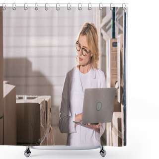 Personality  Concentrated Storekeeper Using Laptop While Looking At Cardboard Boxes In Warehouse Shower Curtains