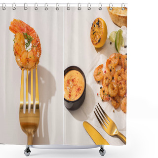 Personality  Collage Of Fried Shrimps On Parchment Paper With Sauce And Lime Near Golden Cutlery On White Background Shower Curtains