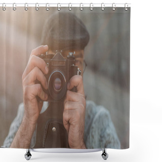 Personality  Stylish Man Taking Photo With Vintage Film Camera Shower Curtains