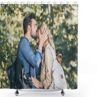 Personality  Side View Of Romantic Couple In Autumn Park Shower Curtains