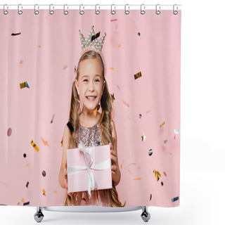 Personality  Happy Little Girl In Crown Holding Present Near Falling Confetti On Pink  Shower Curtains