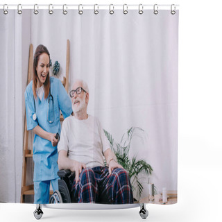 Personality  Laughing Nurse And Senior Patient In Wheelchair Shower Curtains