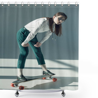 Personality  Hipster Woman Standing On Skateboard Shower Curtains