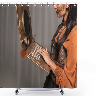 Personality  Cropped View Of Woman Using Steampunk Laptop Isolated On Grey Shower Curtains