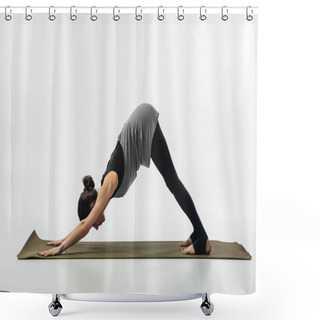 Personality  Woman Practicing Yoga And Doing Downward Facing Dog Isolated On White Shower Curtains