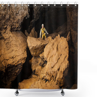 Personality  Young Female Caver Exploring The Cave  Shower Curtains