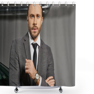 Personality  Good Looking Neat Man With Beard In Gray Suit With Tie Looking At Camera, Business Concept Shower Curtains