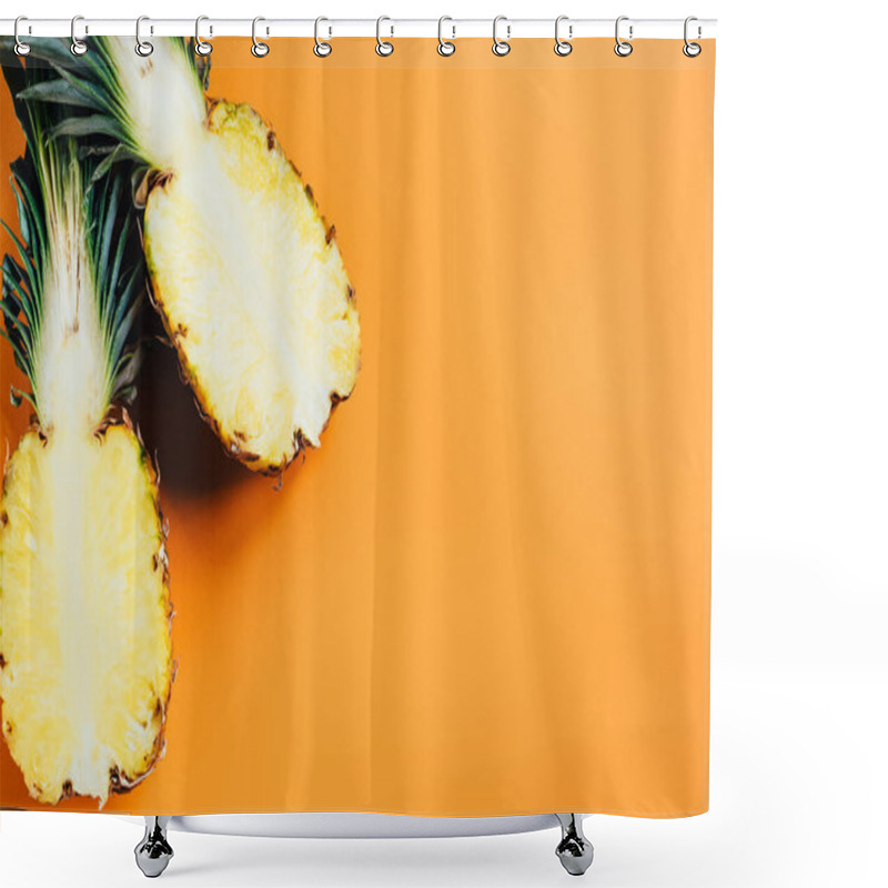 Personality  Top View Of Cut Ripe Pineapple With Green Leaves On Orange Background Shower Curtains