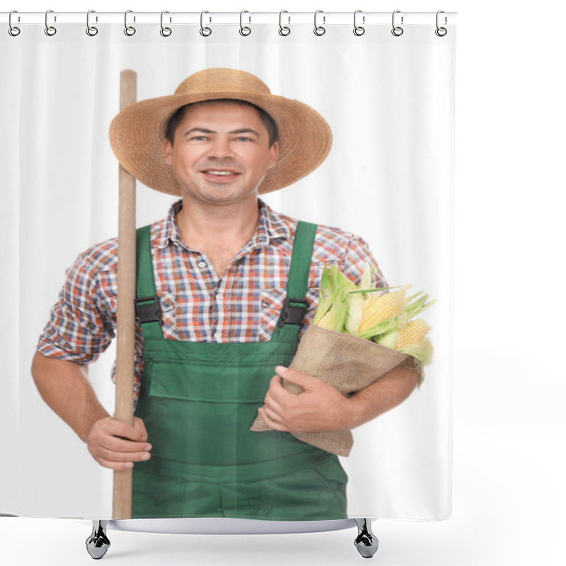Personality  Agronomist With Corn Cobs On White Background Shower Curtains