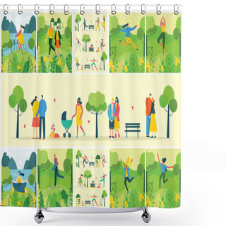 Personality  Vector Nature ECO Background With Different People, Couple Doing Activities Shower Curtains