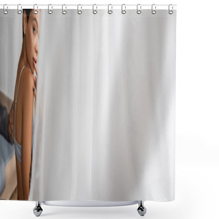 Personality  Young, Sexy And Flirtatious Woman In Bra Touching Lips And Looking At Camera While Standing Near Bed And White Curtain On Blurred Foreground In Bedroom At Home, Banner Shower Curtains