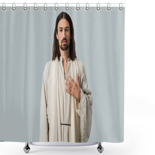 Personality  Bearded Man Standing With Hand On Chest Isolated On Grey  Shower Curtains